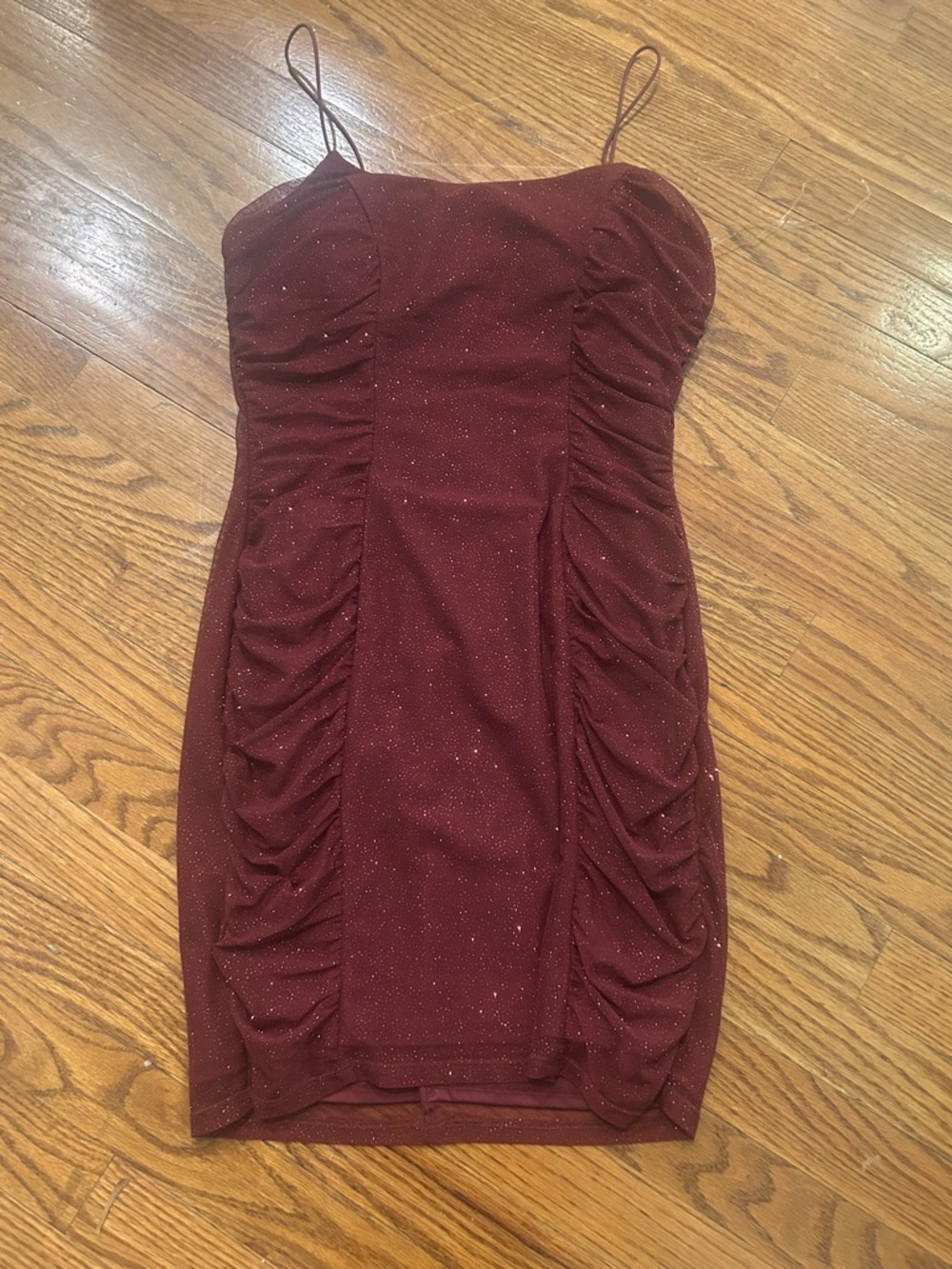 Speechless Wine Ruched Sparkle Mini Dress